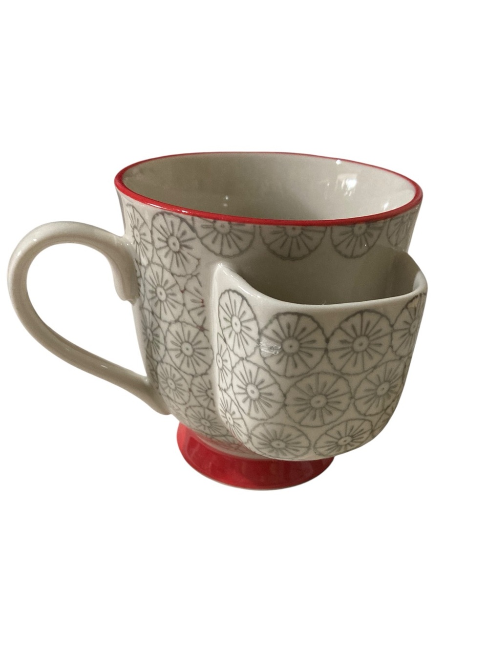 Creative Co-op Pedestal Tea Bag Holder Mug Ceramic Cup White Red 4" Tall